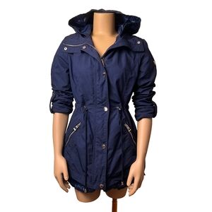 GUESS Navy Blue Lightweight Cinched Waist Utility Jacket with Hood - Size Small